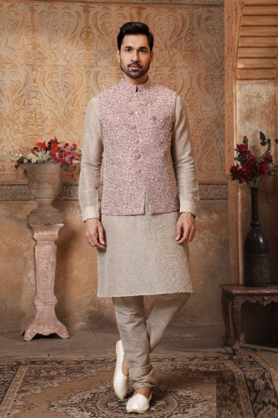 Light Grey Art Banarasi Silk Nehru Jacket (NMK-5610)