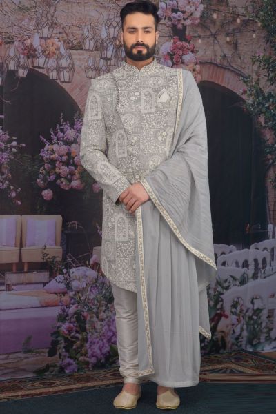 Light Grey Art Banarasi Silk Sherwani (NMK-4775)