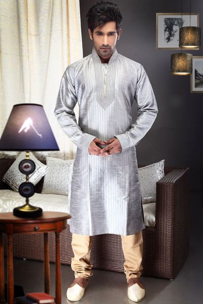 Light Grey Art Dupion Kurta Pajama (NMK-1469)