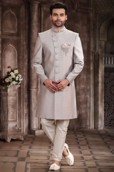 Light Grey Art Silk Mens Indo Western (NMK-7281)