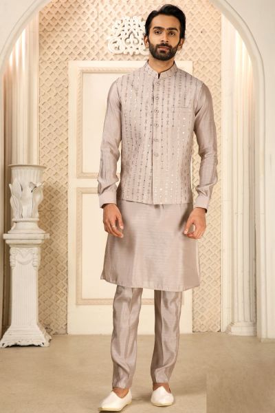 Light Grey Art Silk with Mirror Work Nehru Jacket (NMK-6343)