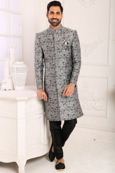 Light Grey Brocade Jaquard Indo Western (NMK-6114)