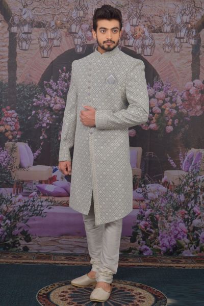 Light Grey Cream Georgette Lucknowi Sherwani (NMK-4772)