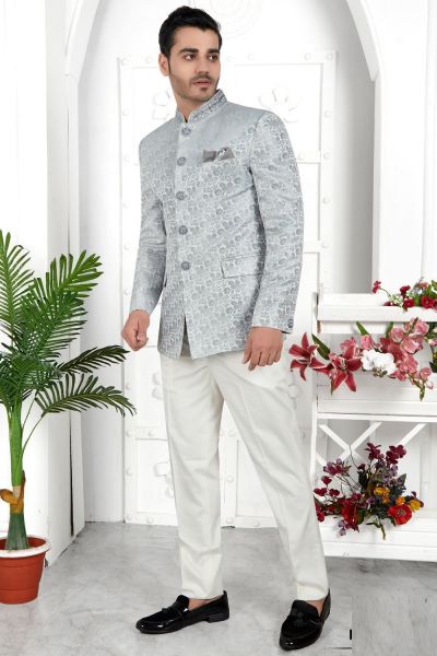 Light Grey Imported Jaquard Silk Indo Western (NMK-7204)