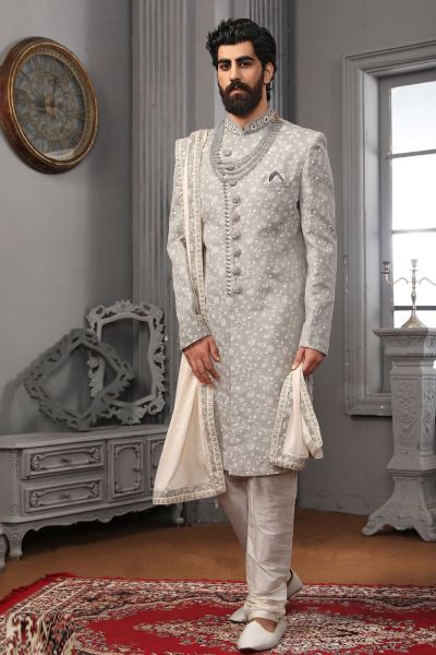 Light Grey Lucknowi Embroidered Sherwani (NMK-5557)