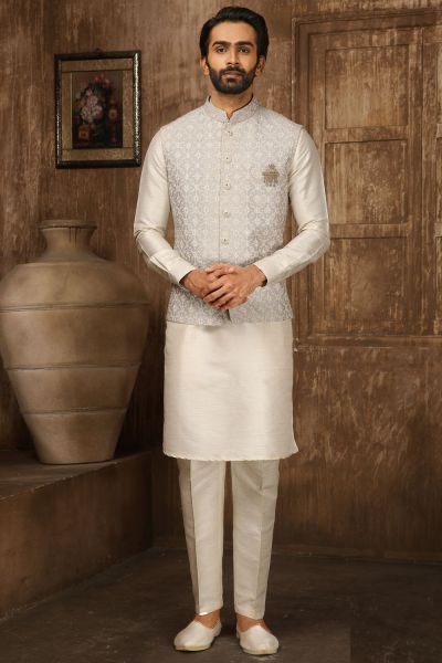 Light Grey Lucknowi Nehru Jacket (NMK-6307)