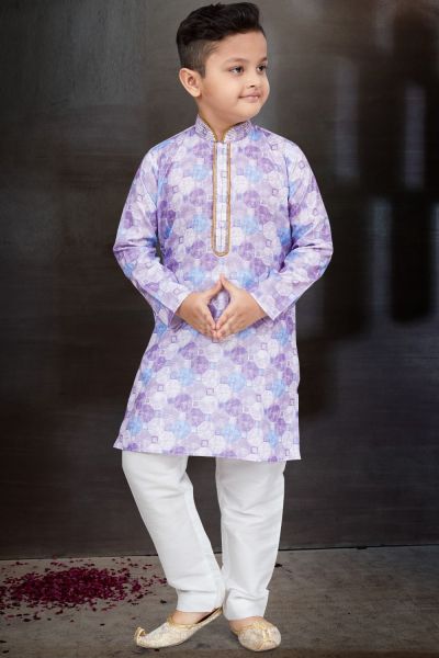 Light Lavender Cotton Printed Boys Kurta Pajama (NKK-773)