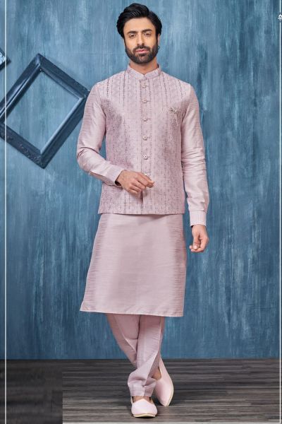 Light Onion Pink Art Banarasi Silk Nehru Jacket (NMK-7361)