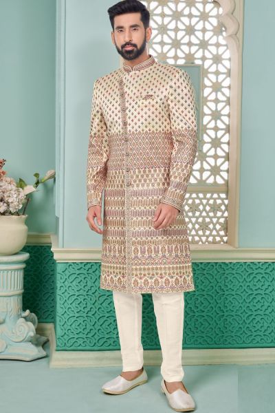 Light Peach Embroidered Art Silk Nawabi (NMK-7671)