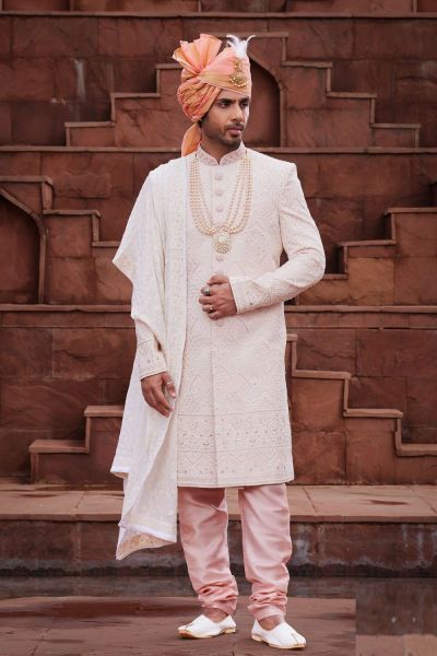 Light Peach Georgette Grooms Sherwani (NMK-7157)