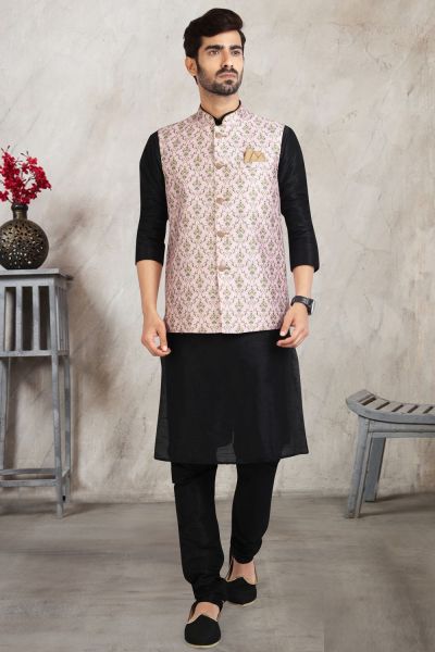 Light Pink Banarasi Silk Nehru Jacket (NMK-5689)