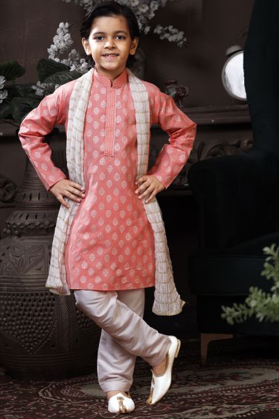 Light Pinkish Peach Cotton Boys Kurta Pajama (NKK-766)