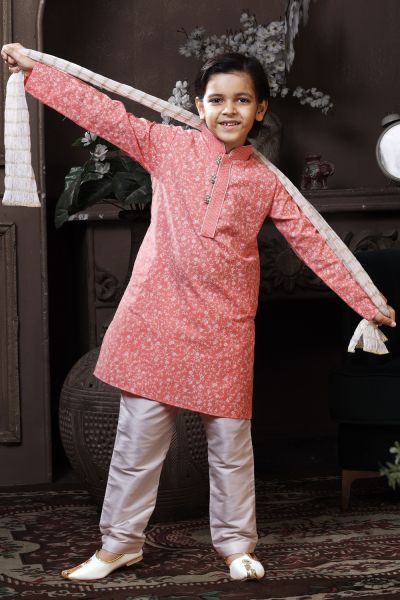 Light Pinkish Peach Cotton Printed Boys Kurta (NKK-768)