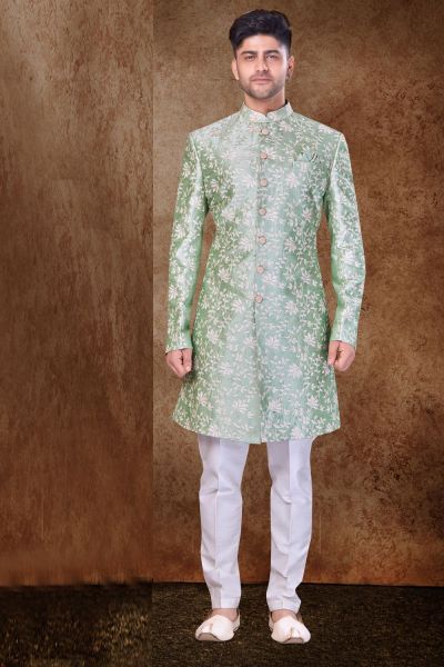 Light Pista Art Silk Mens Sherwani (NMK-6760)