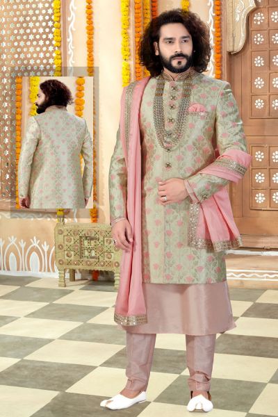 Light Pista Banarasi Silk Sherwani (NMK-4305)