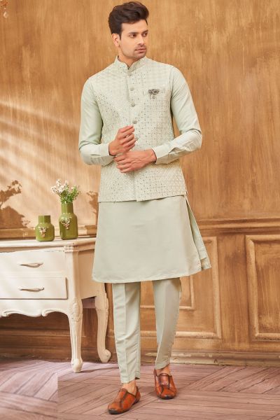 Light Pista Green Art Silk Nehru Jacket (NMK-8051)