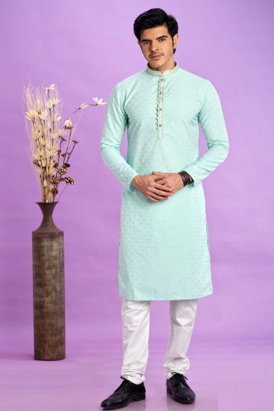 Light Teal Green Jaquard Silk Kurta Pajama (NMK-7570)