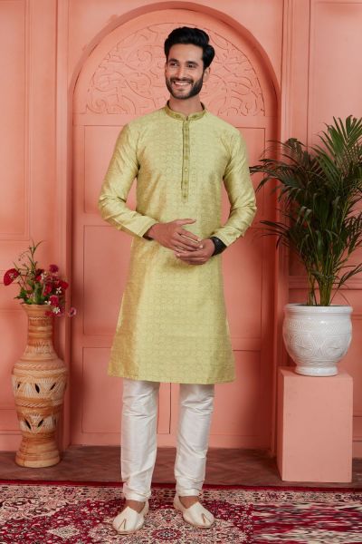 Light Yellow Jaquard Silk Brocade Kurta (NMK-7755)