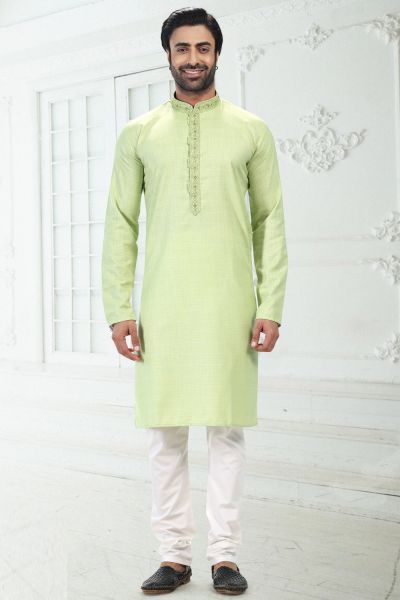 Linen Cotton Pista Green Kurta Pajama (NMK-6659)