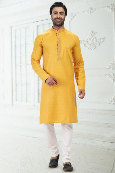 Linen Cotton Yellow Kurtas for Men (NMK-6657)