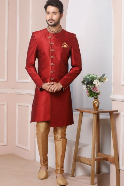 Maroon Art Banarasi Silk Mens Indo Western (NMK-5972)