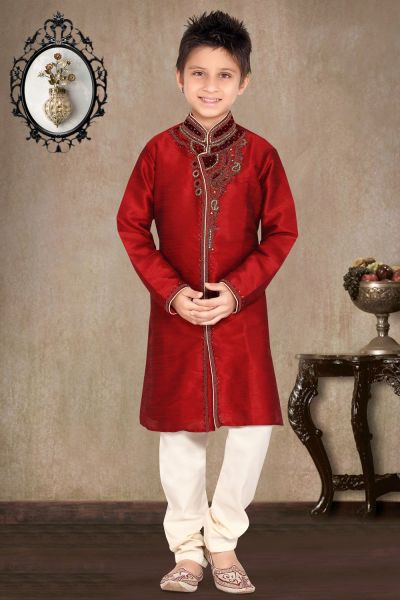 Maroon Art Dupion Boys Sherwani (NKK-464)