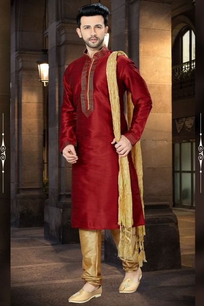 Maroon Art Dupion Regular Kurta Pajama (NMK-3804)