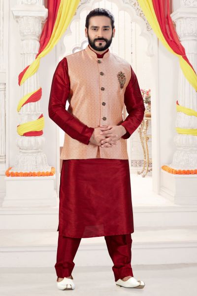 Maroon Art Silk Jacket Style Kurta Pajama (NMK-4265)