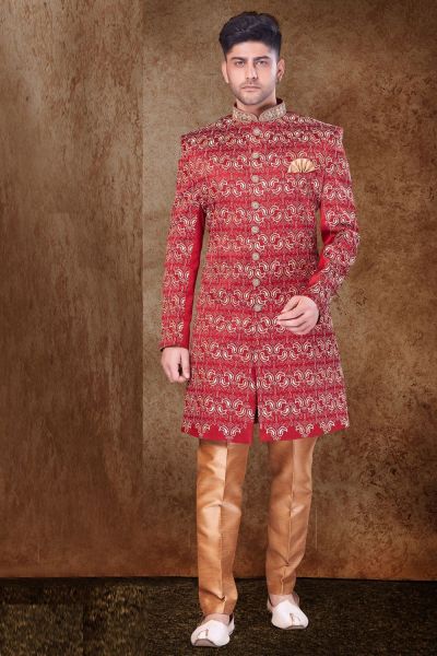 Maroon Art Silk Wedding Sherwani (NMK-6766)