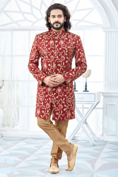 Maroon Banglori Silk Sherwani (NMK-4116)