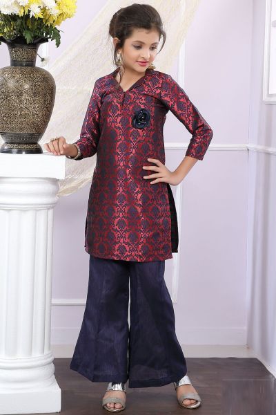 Maroon, Blue Brocade Girls Salwar Suit with Plazzo (NFG-183)