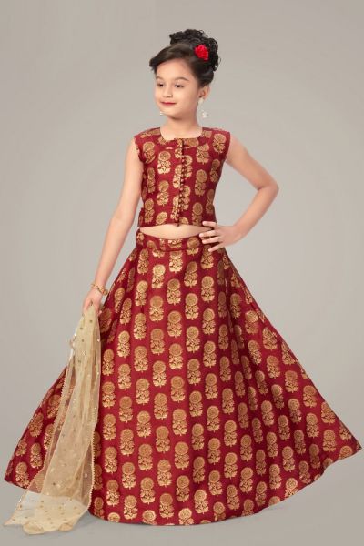 Maroon Brocade Girls Lehenga Choli (NFG-255)