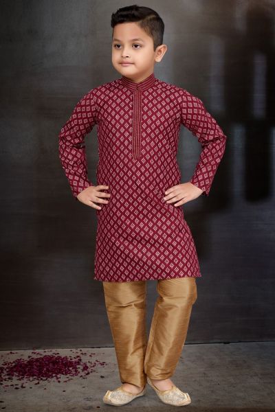 Maroon Cotton Printed Boys Kurta Pajama (NKK-783)