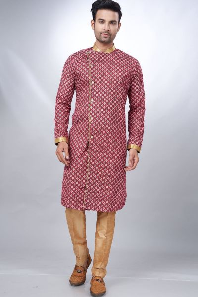 Maroon Cotton Printed Mens Indo Western (NMK-6925)