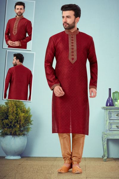 Maroon Dupion Silk Jaquard Kurta Pajama (NMK-4811)