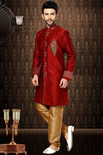 Maroon Giccha Silk Indo Western Kurta (NMK-3188)