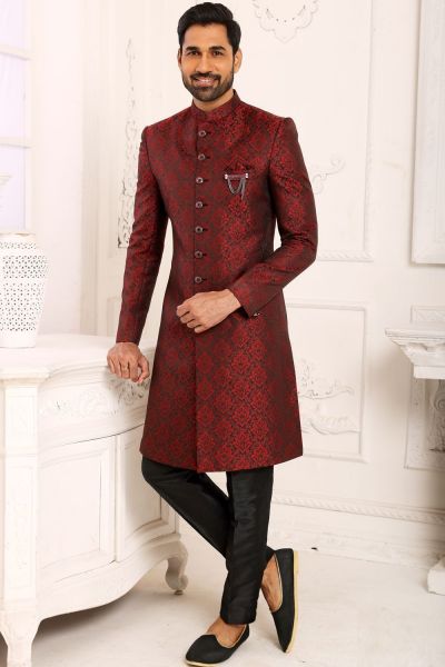 Maroon Jaquard Indo Western for Men (NMK-6119)