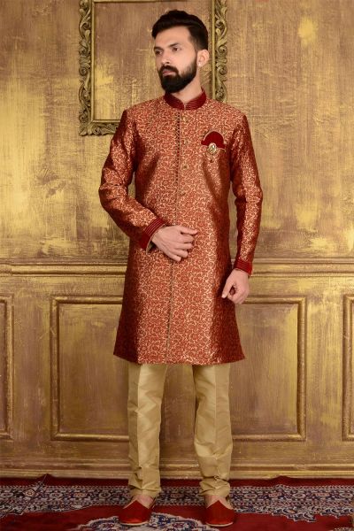 Maroon Jaquard Silk Brocade Indo western for Men (NMK-3590)