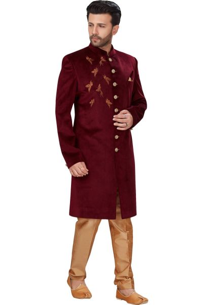 Maroon Sweat Velvet Indo Western for Men (NMK-4971)