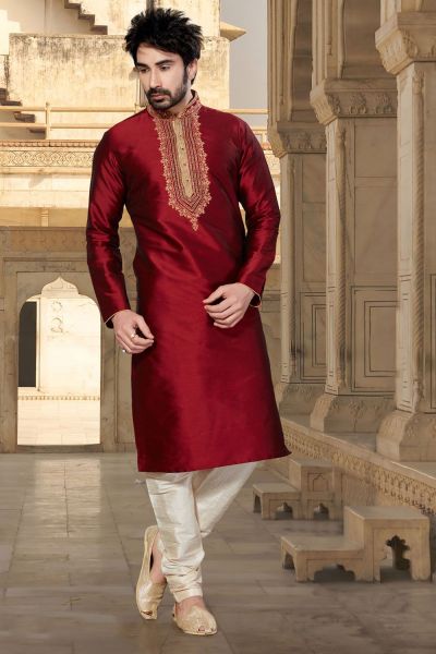 Maroon Tuffeta Indian Kurta Pajama (NMK-2915)