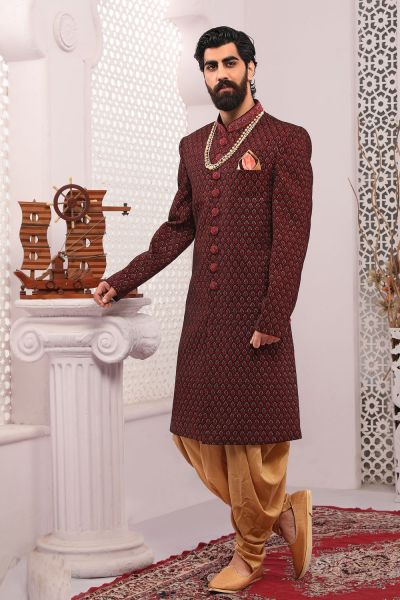 Maroon Velvet Sherwani for Men (NMK-5576)