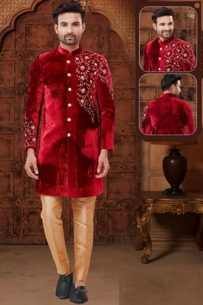 Maroon Velvet Sherwani (NMK-5904)