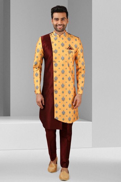 Maroon, Yellow Art Silk Indo Western (NMK-5824)