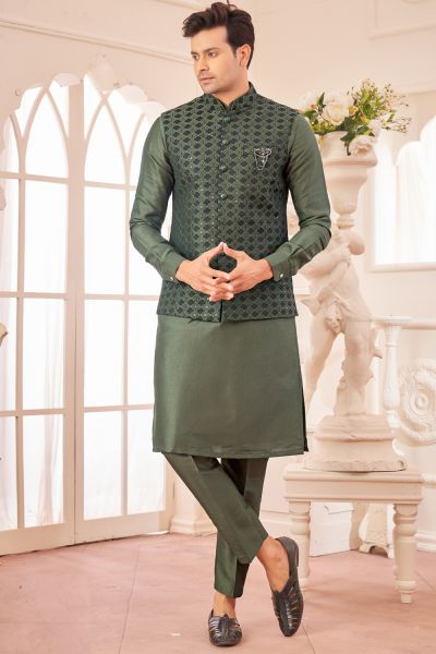 Mehendi Green Art Silk Nehru Jacket (NMK-8043)