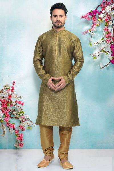 Mehendi Green Jaquard Silk Brocade Kurta (NMK-4903)