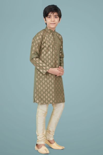 Mehendi Green Printed Cotton Silk Boys Kurta (NKK-688)