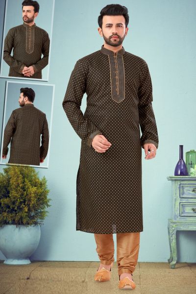 Mehndi Green Printed Cotton Silk Kurta Pajama (NMK-4820)