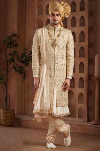 Mens Beige Art Silk Sherwani (NMK-7622)