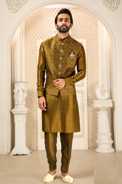 Mustard Art Banarasi Silk Nehru Jacket (NMK-6334)