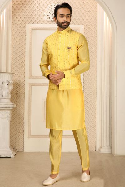 Mustard Art Silk Nehru Jacket (NMK-6341)